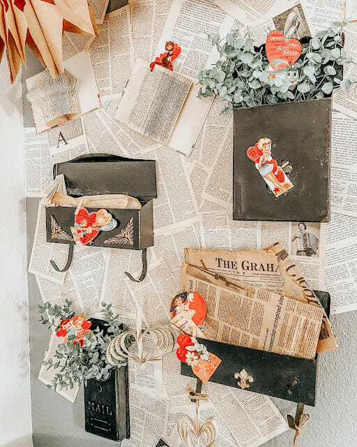 wall of book pages and mail boxes for Valentine's Day