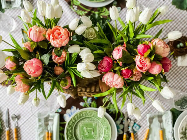 pink and white flowers with green plates