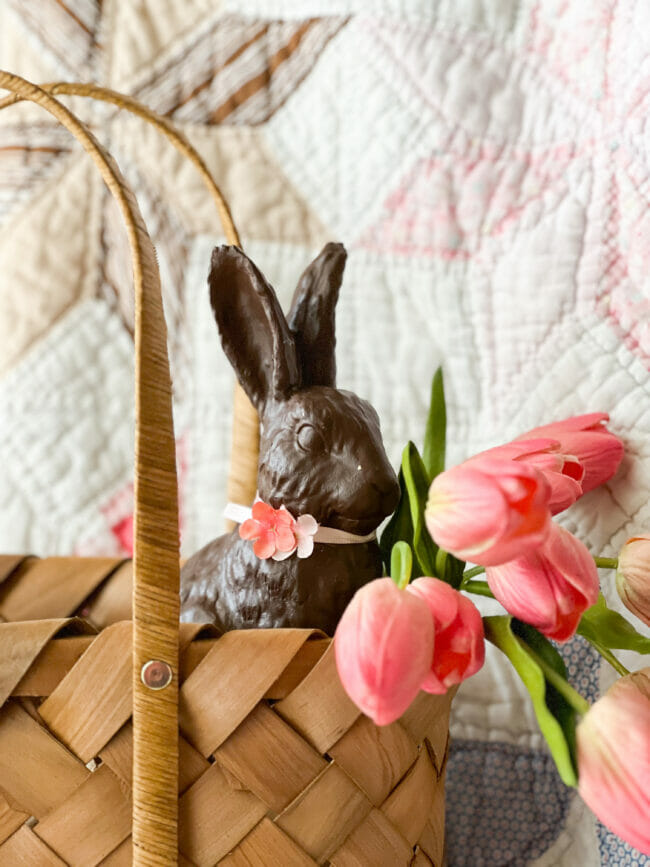 dark bunny with pink tulips