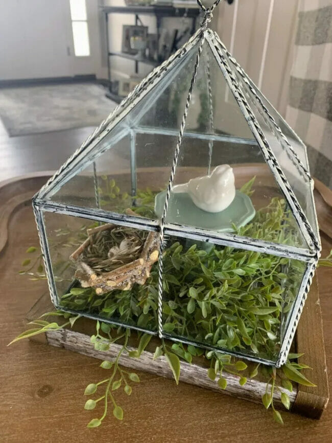 clear house cloche with bird, nest and greenery inside