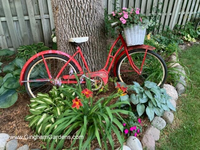 red bike against tree with flowers