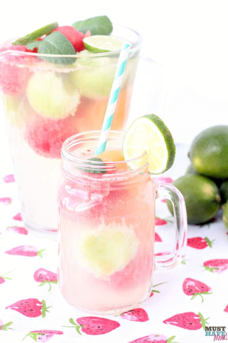 pink lemonade with melon ball and straw
