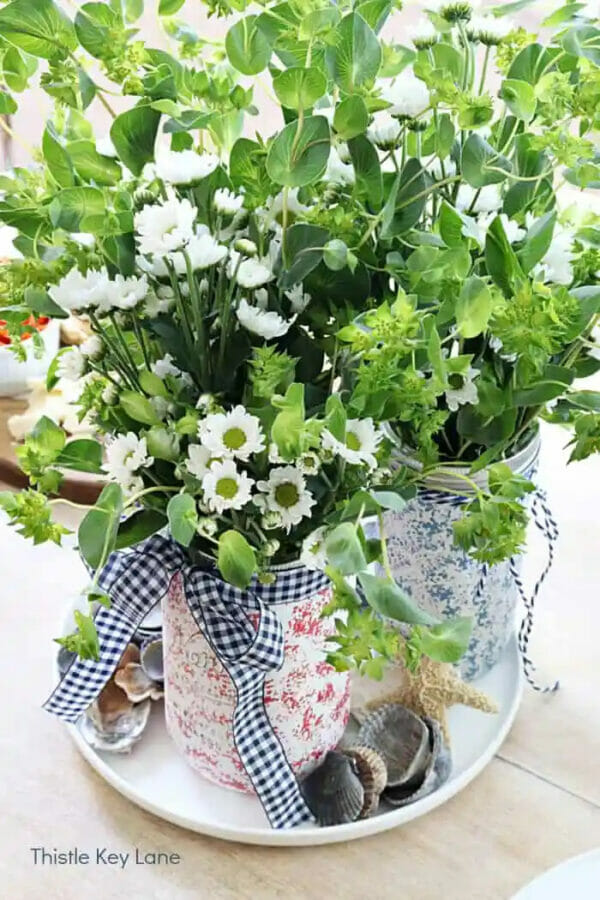 red white and blue sponged mason jars with flowers