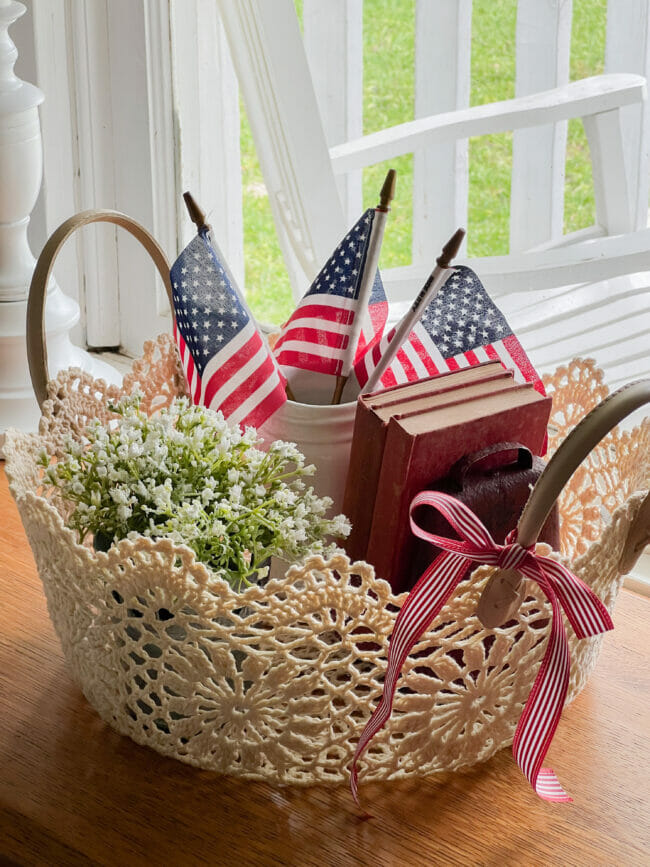 crocheted basket with flags and patriotic decor