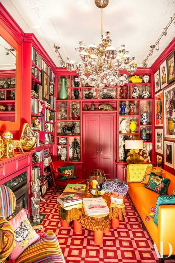red walls with shelves full of accessories