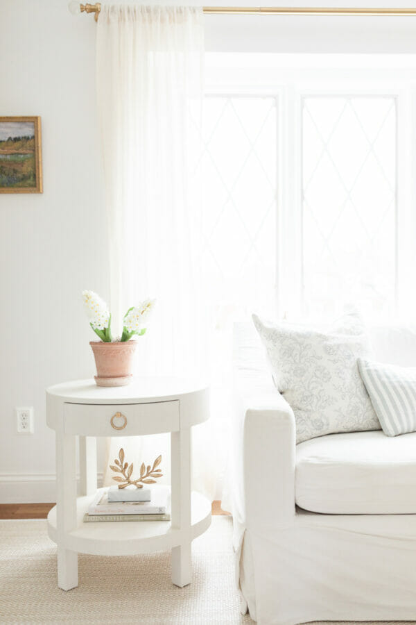 white sofa, white side table with one plant
