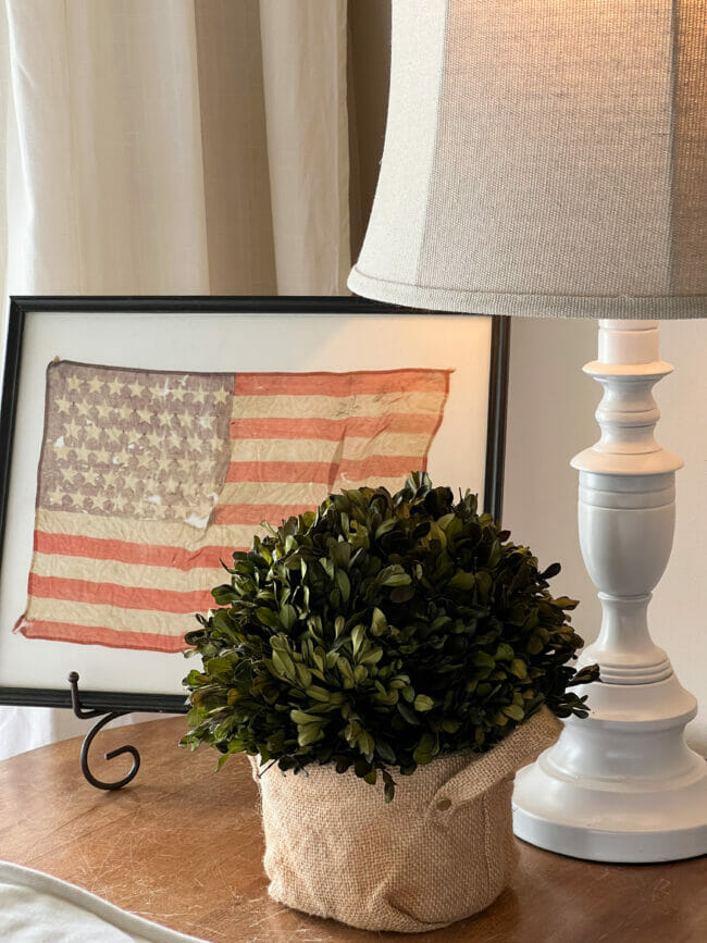 old flag in frame with lamp and boxwood