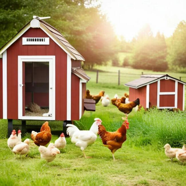 red chicken house with chickens in yard