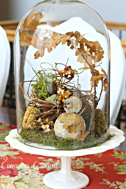 cloche with birds, leaves and moss