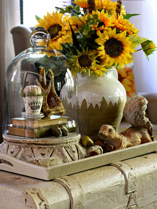 sunflowers in pot, squirrel and cloche on a tray
