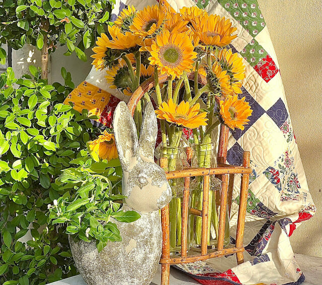 yellow daisies with concrete bunny and quilt