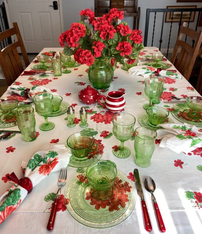 red and green table with depression glass