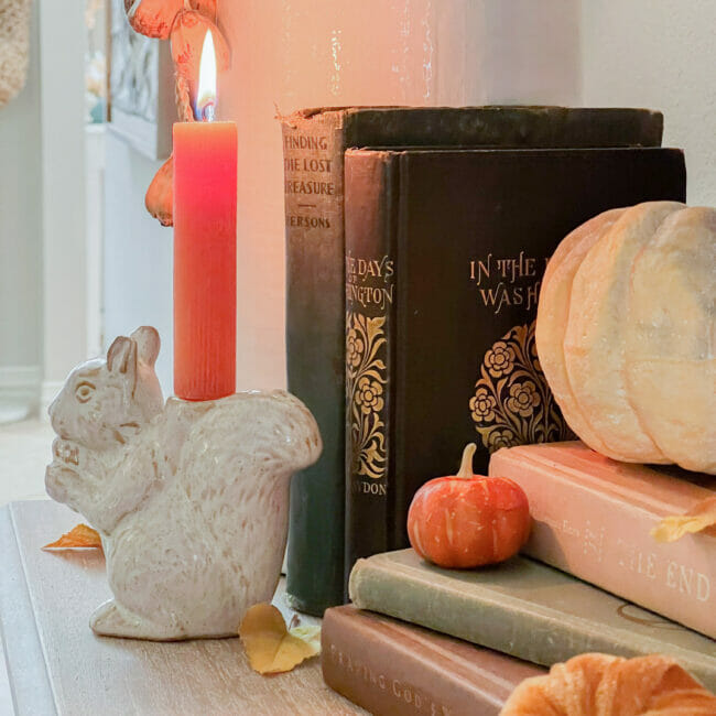 squirrel candle holder, books and pumpkins