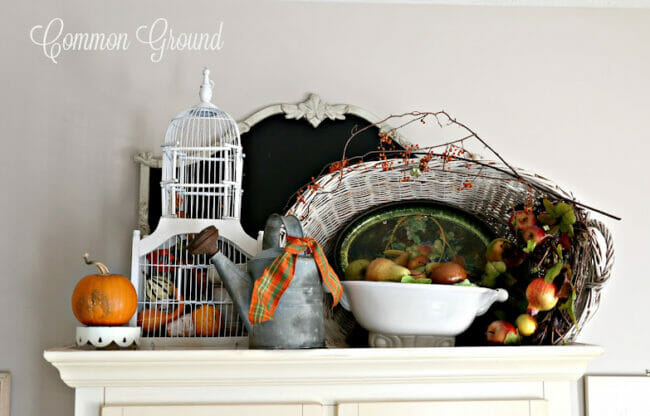 birdcage, mirror, basket and fall apple decor