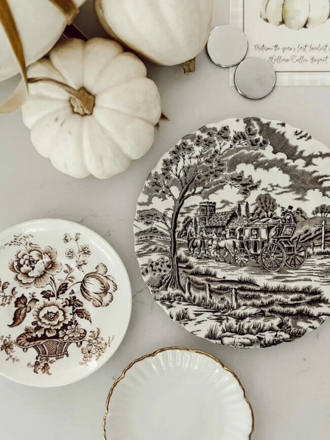 toile plates and white pumpkin