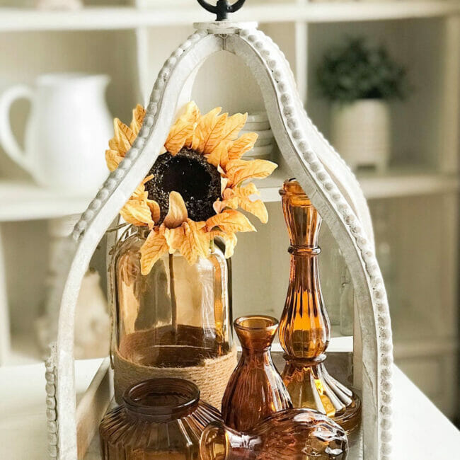 open lantern with sunflower and amber glass collection