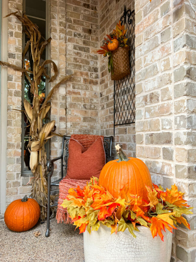 iron chair with pillow, pumpkin and cornstalks
