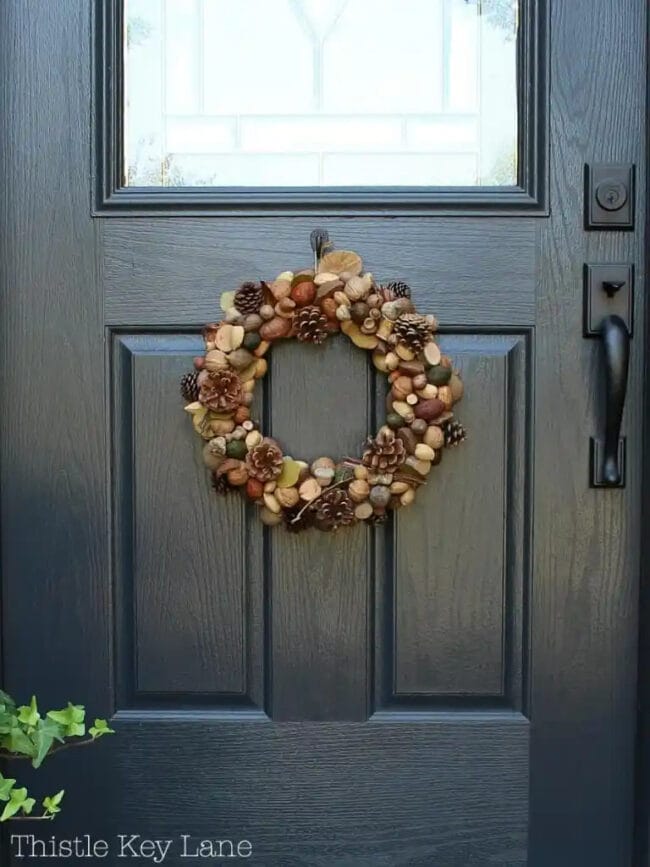 Black front door with nut wreath