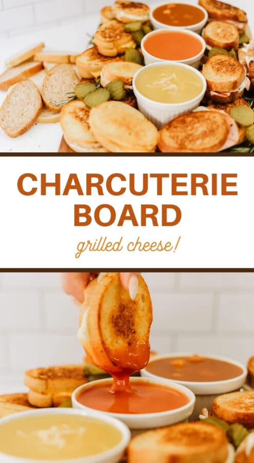 charcuterie board with soup bowls and grilled cheese sandwiches