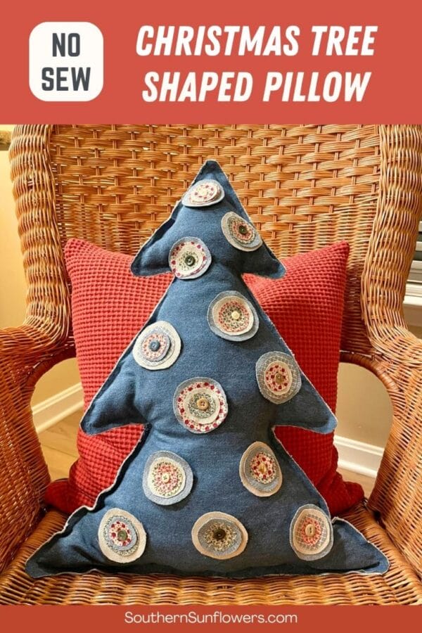denim tree shaped pillow with button medallions