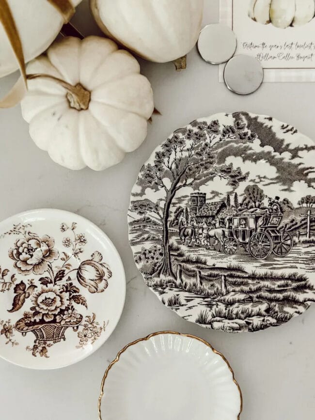 brown and white transferware plates and a white pumpkin