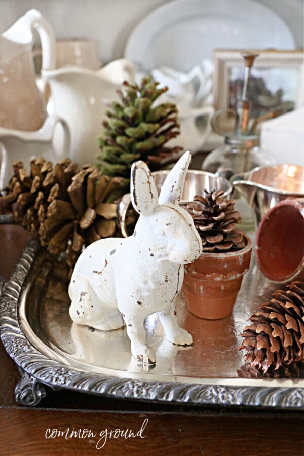 Pinecones, white bunny and clay pots