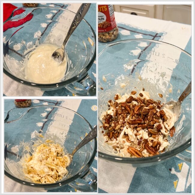 collage photo with bowl of melted chocolate, crushed potato chips and added pecans