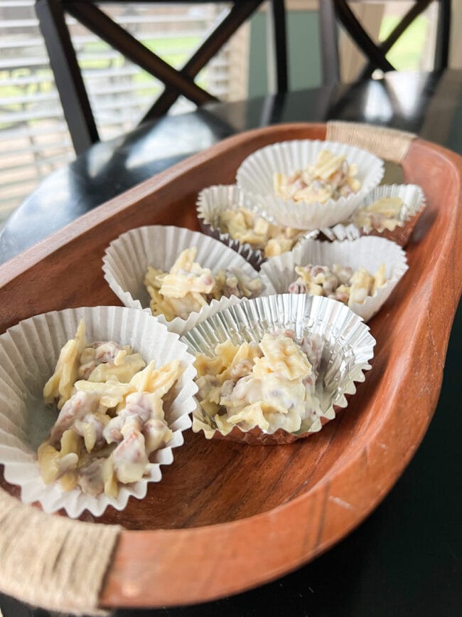 potato chip clusters in oval wood bowl