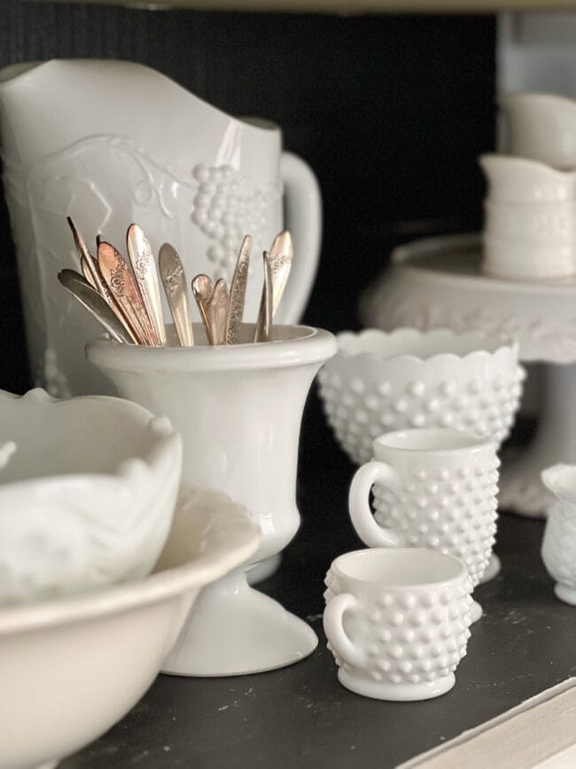hobnail creamers with pitcher and vase with silverware