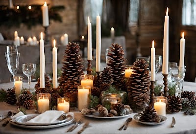 tablescape with pinecones and candles