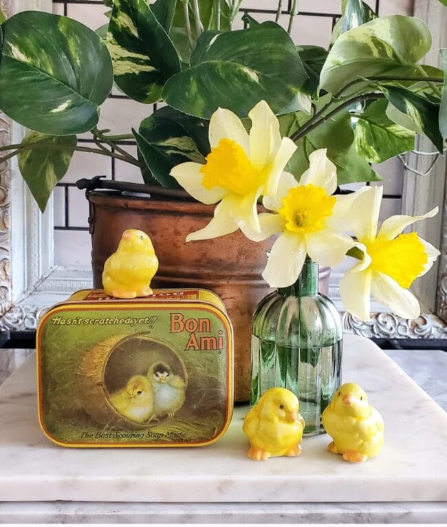 large plant, clear vase with yellow flowers and a vintage box with little yellow chicks sitting around it