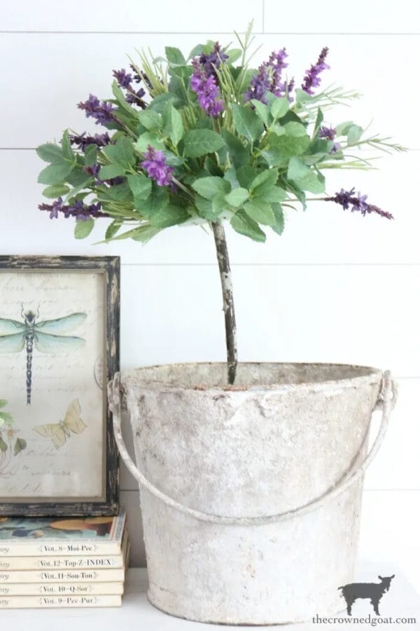 lavender topiary in bucket with dragonfly picture sitting next to it