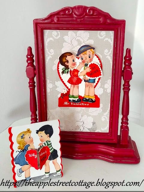 RED FRAME WITH VINTAGE VALENTINE AND LACE INSIDE