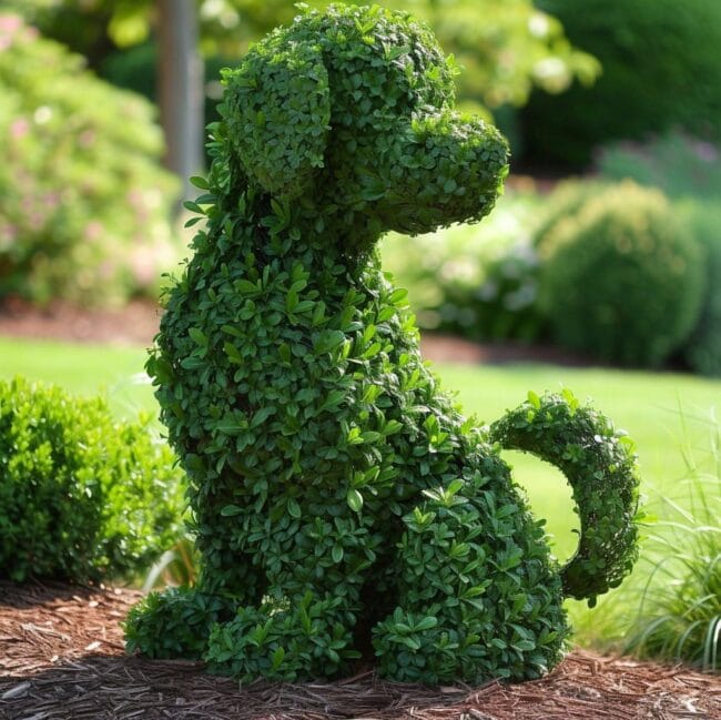 dog shaped boxwood topiary sittin in garden bed