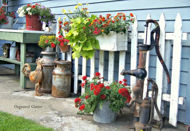 yard of flowers and antiques