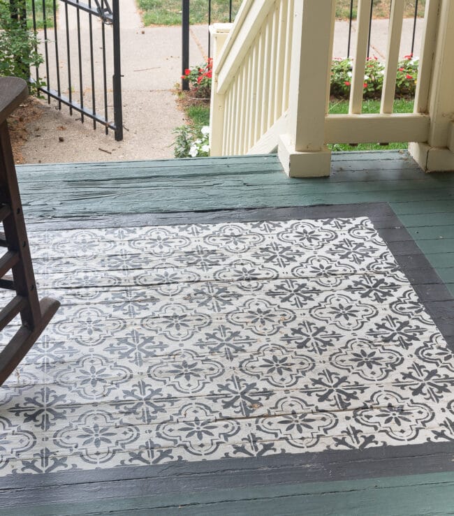 black and white stenciled porch 