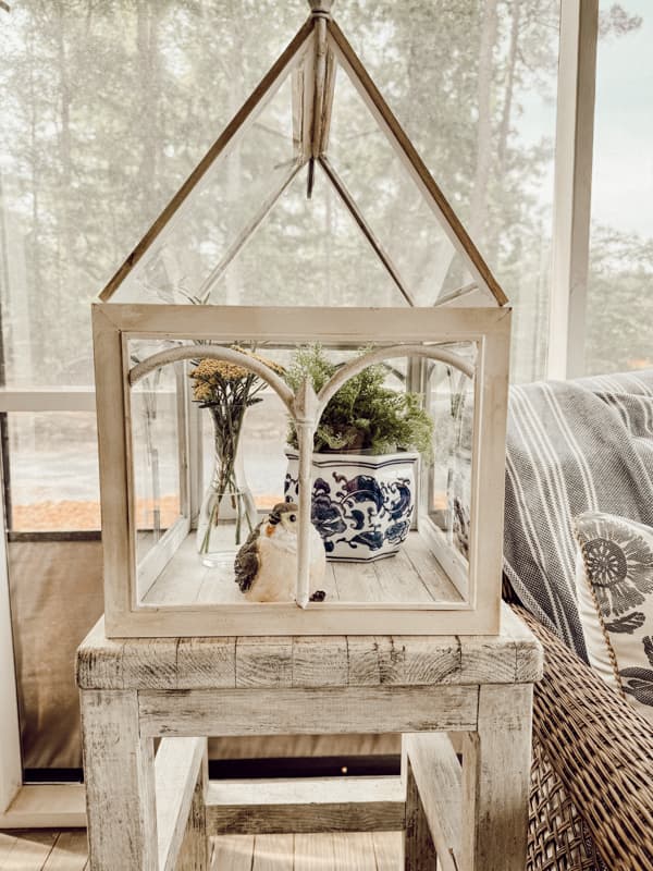 white terrarium sitting on white stool and inside is a bird and plant