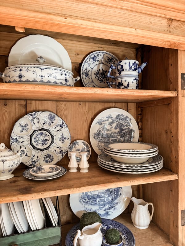 oak hutch with vintage blue and white ishes