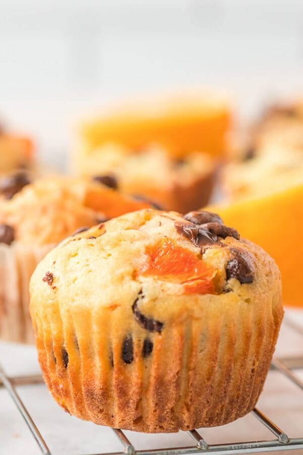 close up of orange and chocolate chip muffin