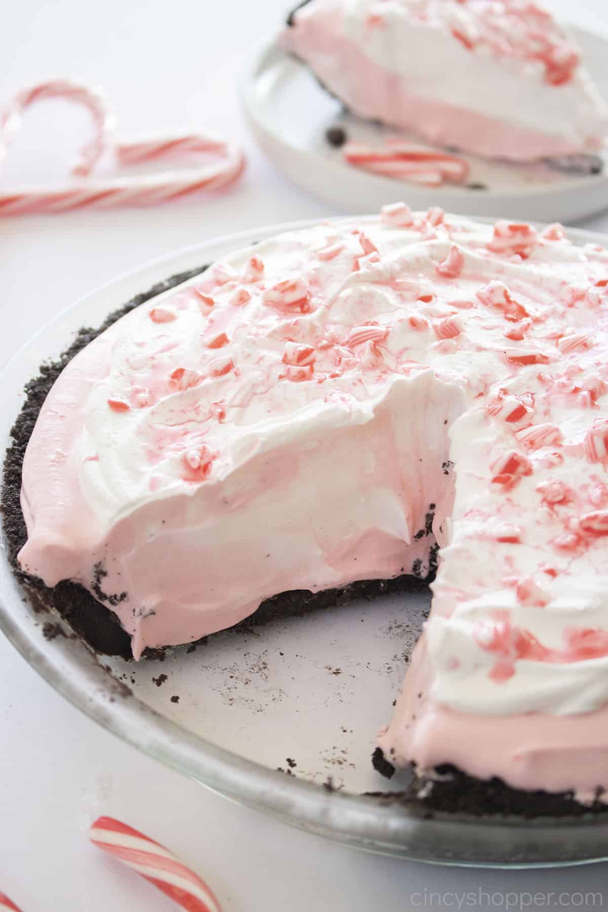 candy cane pie with a slice out