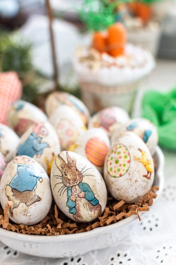 several Peter Rabbit style eggs in a bowl