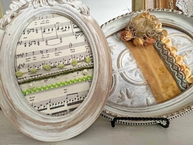 two antiqued frames to look like eggs with ribbon and trim.