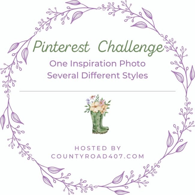 lavender wreath around the words Pinterest Challenge with a green rubber boot with flowers. 
