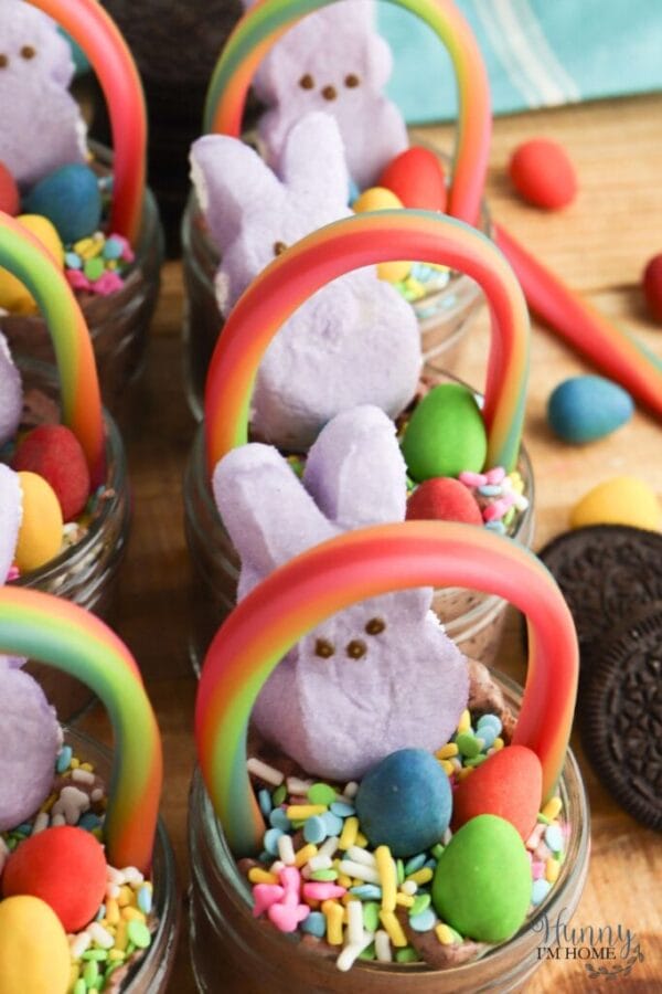 easter pudding cups with rainbows and bunnies on top