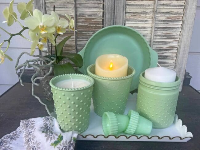 homemade jadeite candle holders with real jadeite pie plate