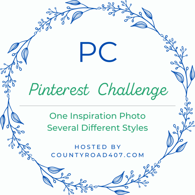 blue and green pinterest challenge graphic with a blue wreath