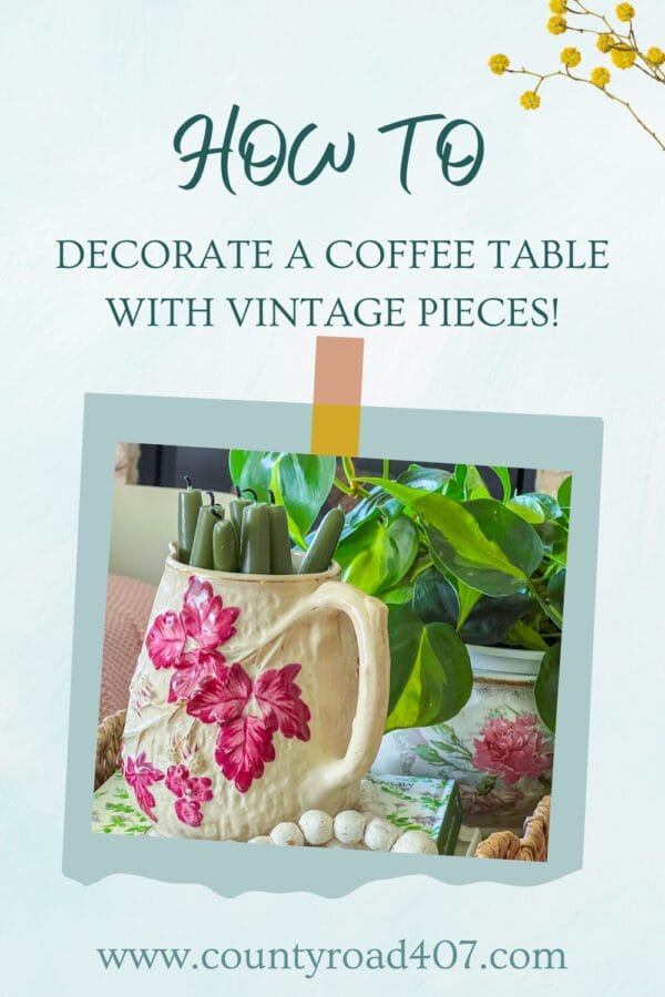 Pinterest Pin in blue with a photo of vintage pitcher with several candles inside