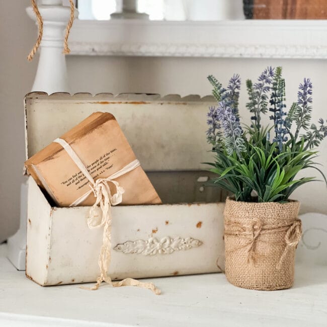 vintage mailbox with old bundled books inside and a faux lavender plant