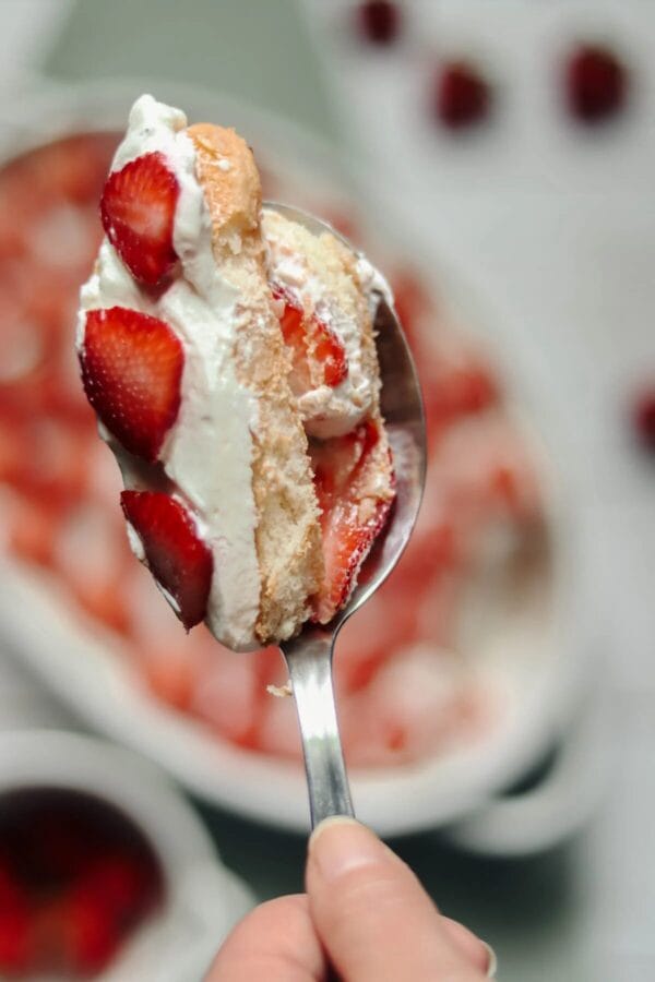 strawberry tiramisu on a spoon