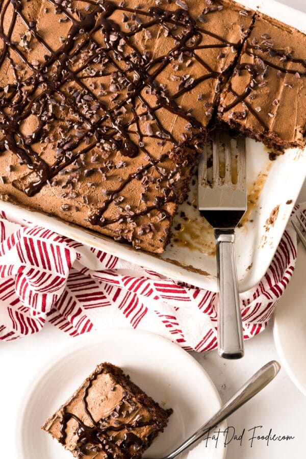 chocolate cake in a white dish with silver fork